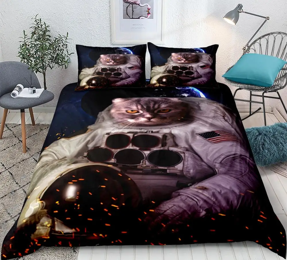 3D Cat Bedding Astronaut Cat Duvet Cover Set Teens Kids Space Bedding Set Star Universe Quilt Cover Space Queen Dropship