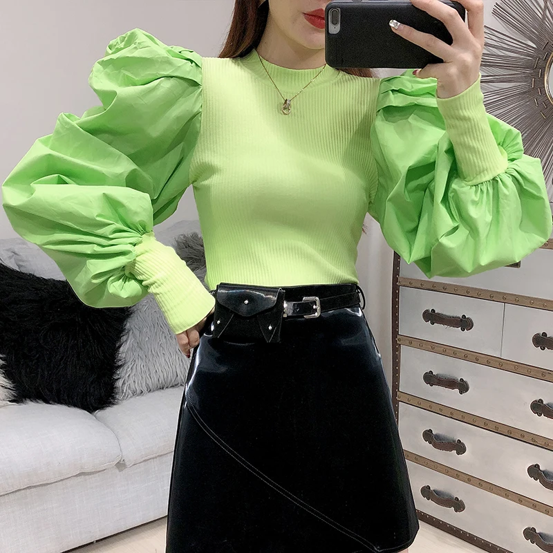 IHOBBY Women Puff Sleeve Knitting Slim Sweater Round Neck Patchwork Fashion Streetwear Blusas Korean Fashion Clothing