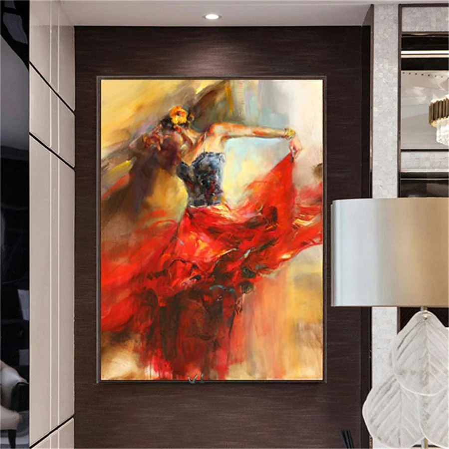 

hand painted Abstract spanish lady Portrait Oil Painting Red skirt girl picture Bullfighting dancer canvas Painting home decor