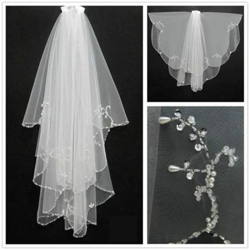 Voile de mariée en dentelle perlée à deux couches pour femmes, voile de mariée court avec peigne, accessoire de mariage ivoire