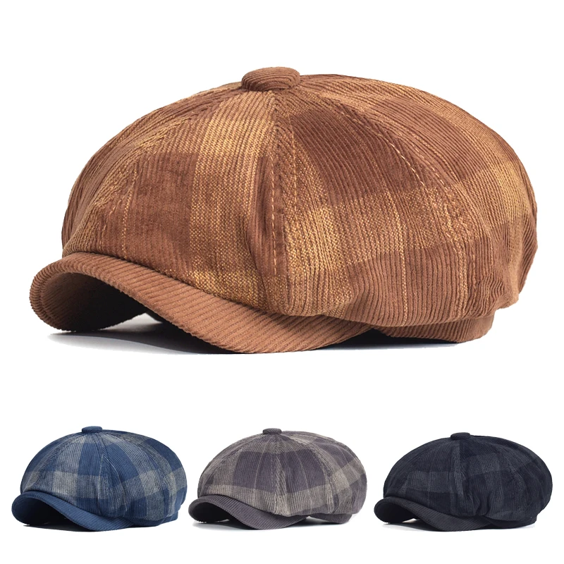 Autumn Winter Plaid Thick Newsboy Hat Corduroy Beret Men Women England Gatsby Retro Hat Driver Flat Cap