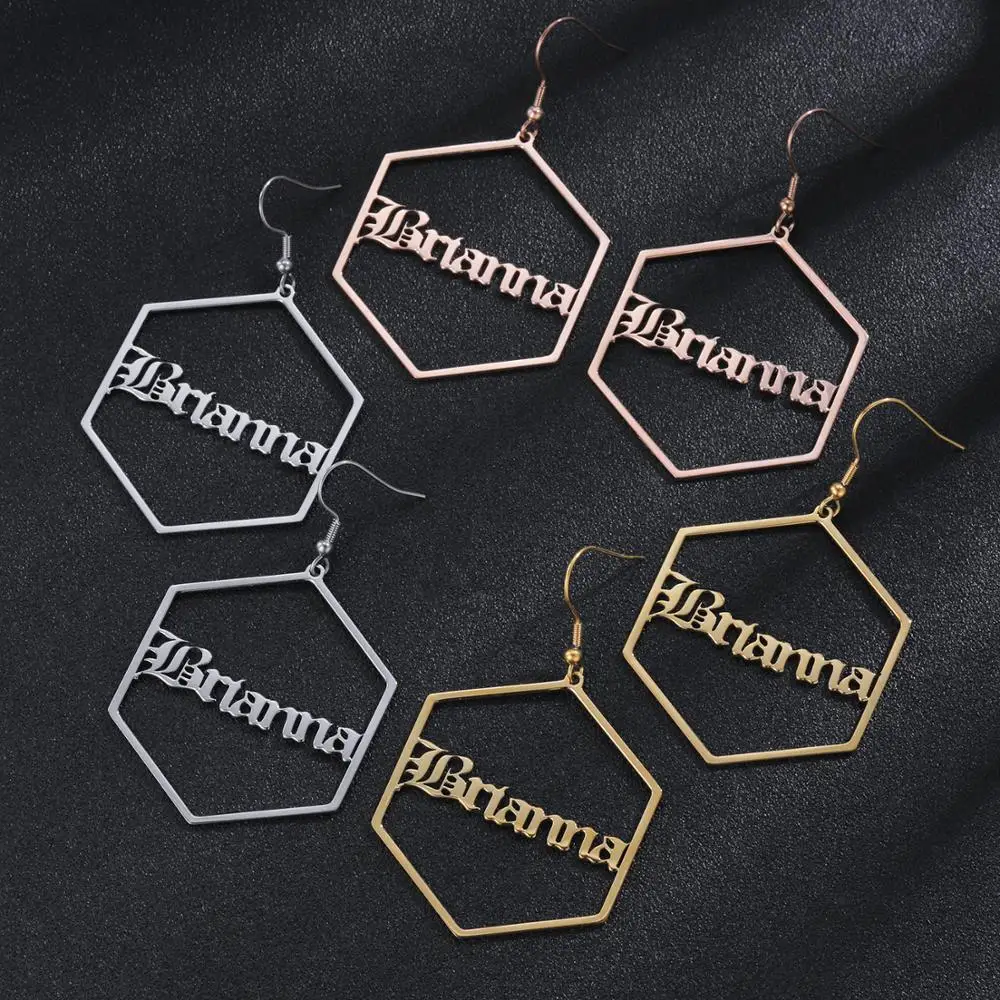 MYDIY Customized Gothic Retro English Name Earrings Personalized Letter Hexagonal Hoop Earrings Women's Jewelry Birthday Gift