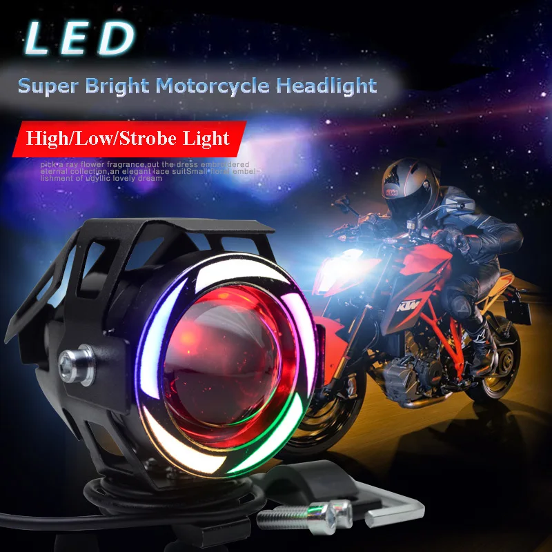 Motorcycle LED Headlight U7 Moto lights for scooter motorbike Fog Lamp Angel Devil eyes LED External Flashing warning Light 12V