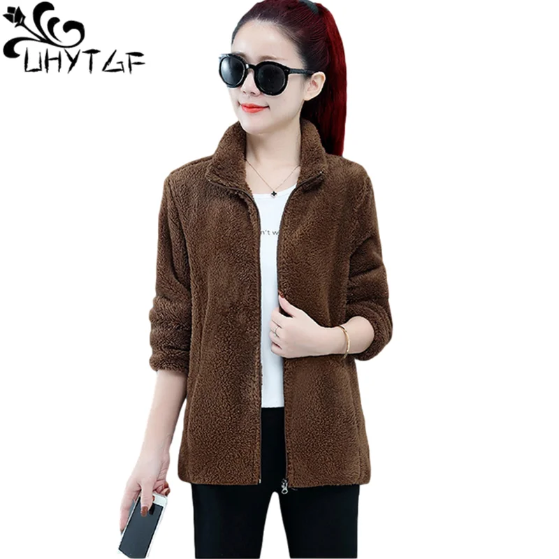 UHYTGF Coral Fleece Autumn Winter Jacket Women Casual Warm Short Coats Pure Color Wild Mother Loose 4XL Big Size Outerwear 1983