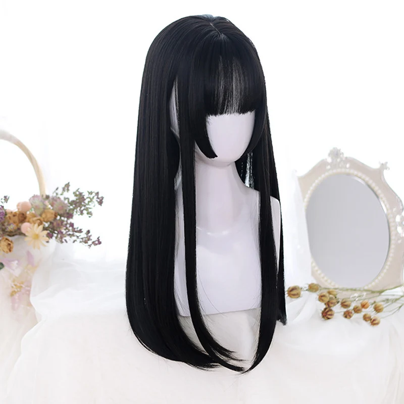 AOSI  Long Straight Hair Black Synthetic Lolita Wigs with Bangs for Women Fashion Female Cosplay Party Christmas Wigs