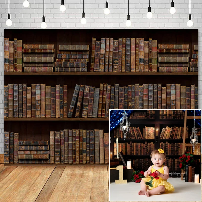 Arrière-plan de photographie de portraits d'enfants, bibliothèque vintage, arrière-plan de photographie, cabine de studio, accessoires de photographie, photocall de diplômés, thème de la bibliothèque