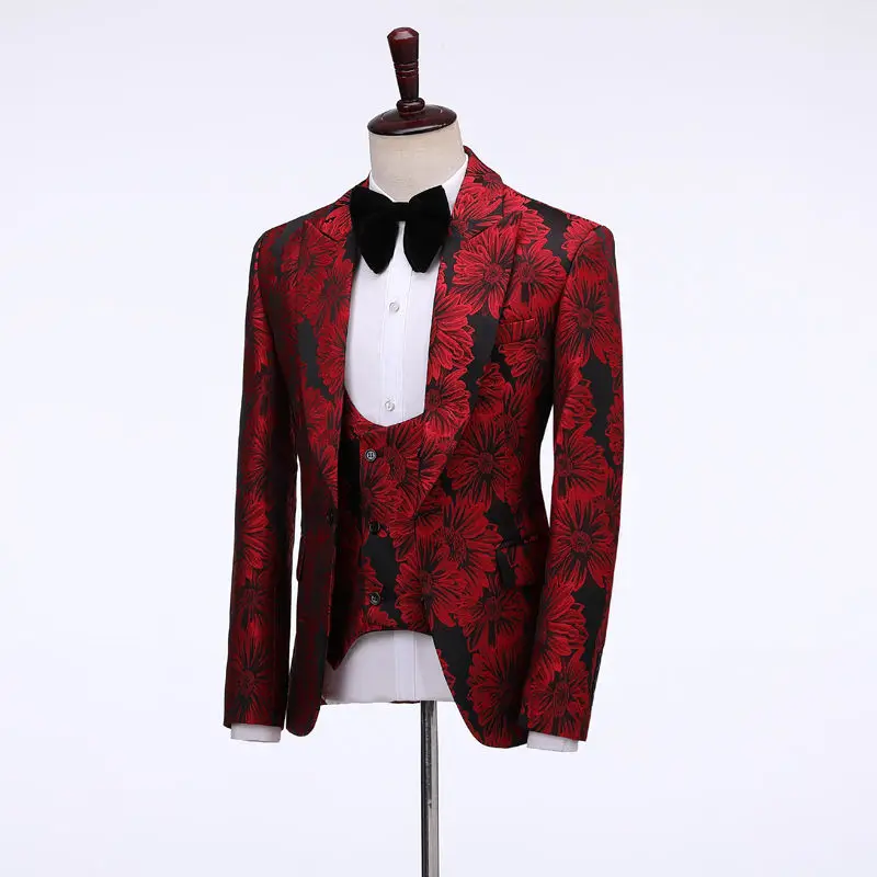 Costume Homme 2023 New 3 Piece Red Suit Men Terno Masculino Jacquard Men Suits Tuxedo Prom Party Suits Floral Wedding Groom Suit