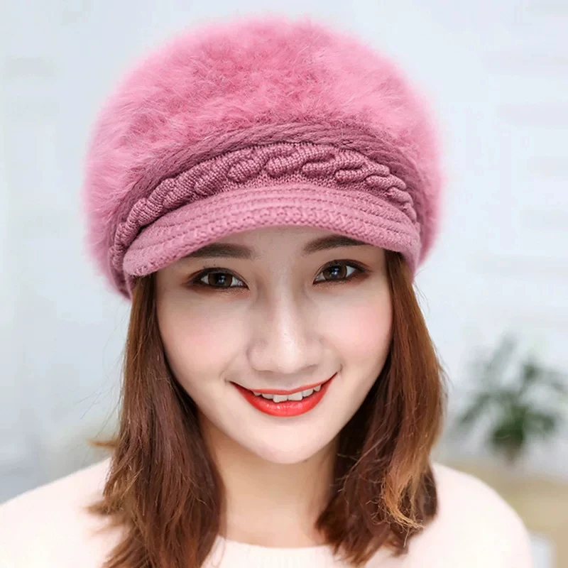 FashionWomen Hats For Cold Winter Crochet Slouchy Beanies Solid Knitted Caps Rabbit Fur Lady Winter Visor Brim Beanie Hat