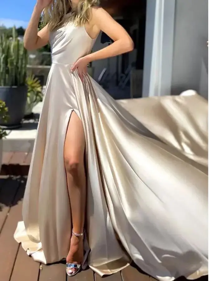 Sexy Long Blue Satin Evening Dress 2025 One Shoulder Split Prom Formal Gown Elegant Vestidos Fiesta Robe De Soiree