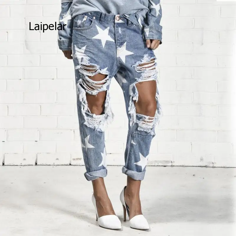 Summer Woman Big Hole Star Print for Women with Ripped Jeans Light Blue Denim Pants