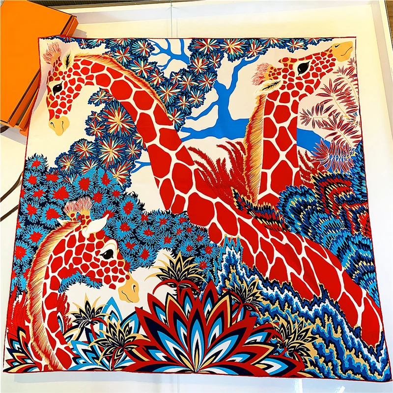 

Женский модный хиджаб ручной работы с загнутыми краями, квадратная шаль с рисунком жирафа, саржевый шелковый атласный шарф для волос, платок для подарка