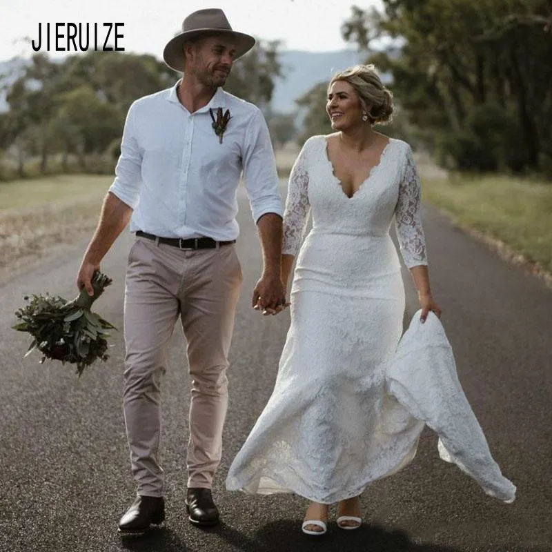 

JIERUIZE Country Lace Wedding Dresses V Neckline 3/4 Long Sleeves A-line Bridal Gowns Simple Lace Up Back Full Bride Dresses