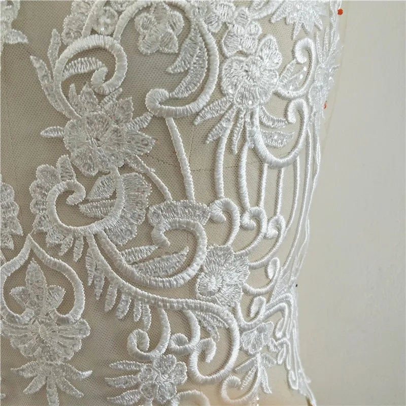 1Pc Long Clear Sequins Ivory Embroidery Body Lace Flower Patch Wedding Evening Dress Decorative Material Accessory