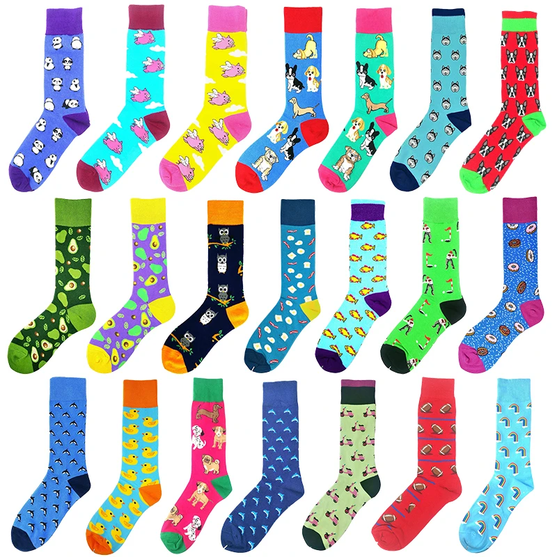 Novelty Men\'s Socks Harajuku Cotton Funny Happy Cartoon Cat Dog Pattern Unisex Socks Men Novelty Kawaii Calcetines