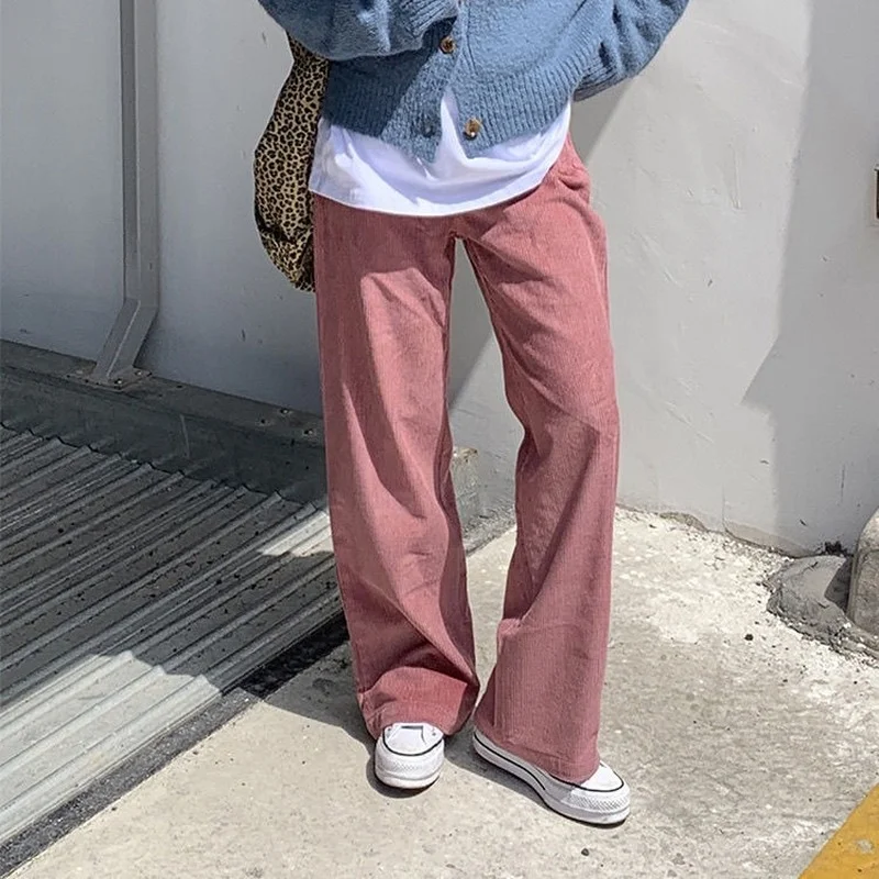 

Women Korean Style Soft Girly Pink Autumn Loose High Waist Straight Casual Trousers Women Beige Corduroy Retro Wide-leg Pants