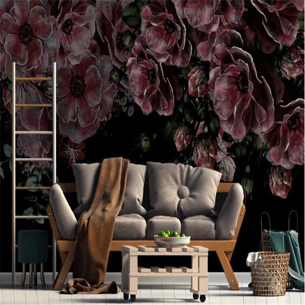 

Milofi custom photo wallpaper 3D printing Nordic minimalist hand-painted peony flowers black bedroom home decoration mural