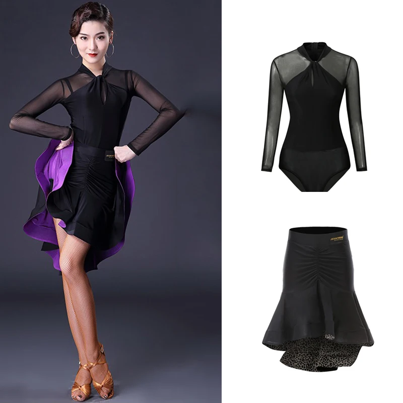 

Latin Skirt Salsa Dress Samba Dancing Costumes Tango Latin Blouse Latin Top Black Skirt Women Bodysuit Practise Cloth XS1892