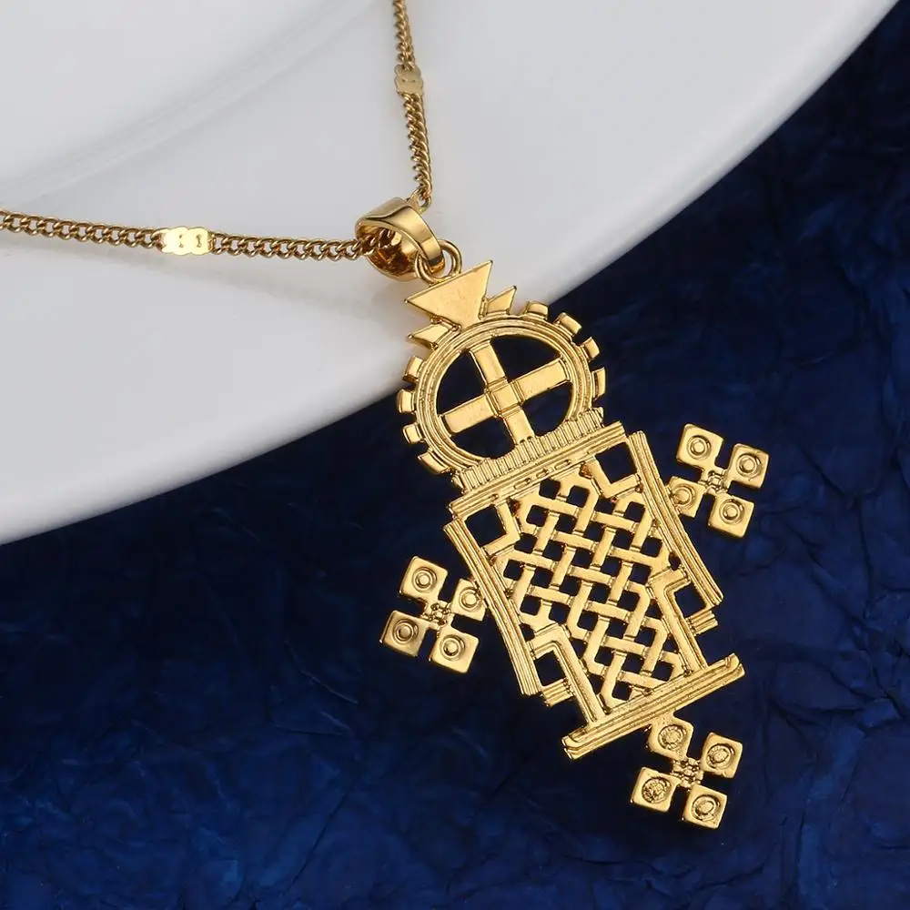 Ethiopian Gold Color Cross Pendant Necklace Eretrian Fashion Coptic Crosses Chain Jewelry