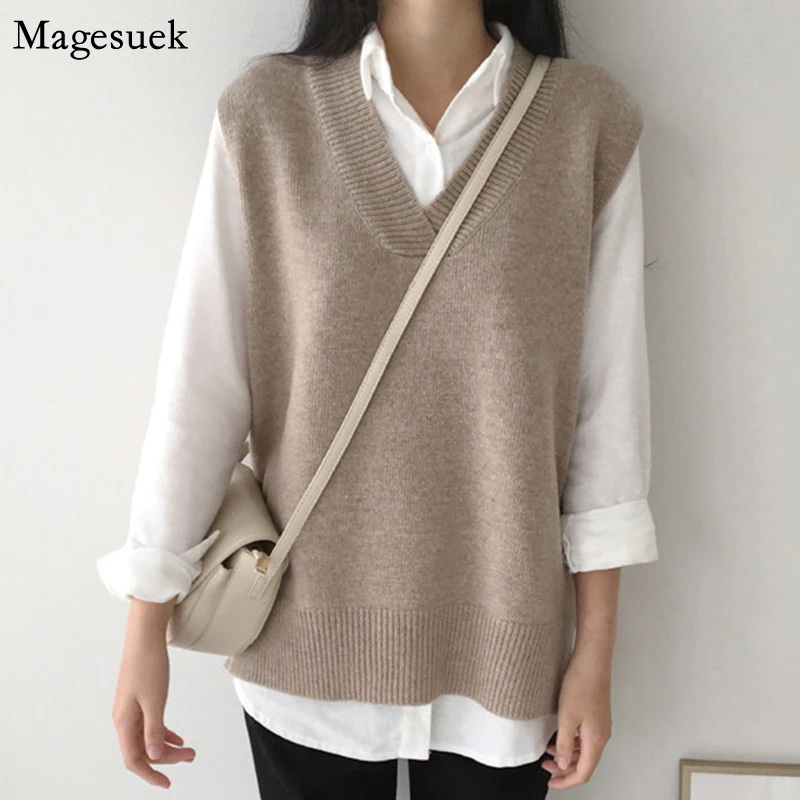 Autumn Women Sweater Vest V-neck Knitted Pullover Women Sweaters Solid Casual Korean Sleeveless Vintage Knit Vest 2021 New 16547