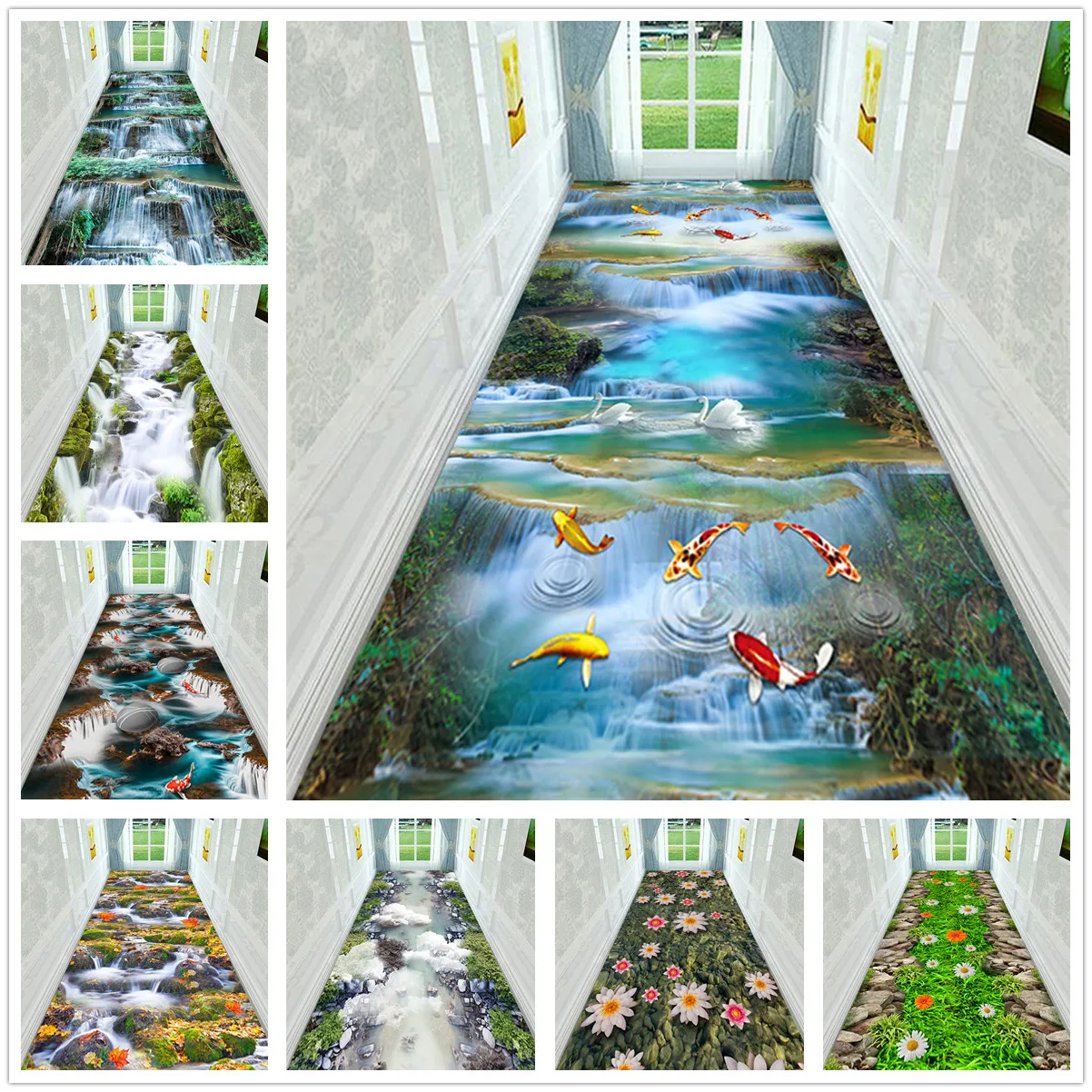 Gold Fish Lake Corridor Hallway Rugs and Carpets 3D Waterfall Living Room Area Rug Kitchen Bedroom Rug Bath Mat Entrance Doormat