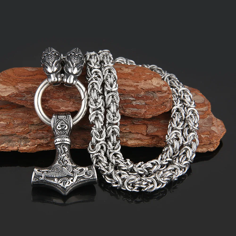 

Nordic Men Celtic Wolf Head Necklace Viking Amulet Thor's Hammer Stainless Steel Pendant Accessories Viking Rune Jewelry