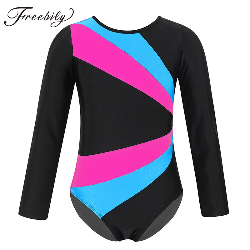 Girls Long Sleeve Gymnastics Leotard, Children's Jumpsuit, Color Block, Cutout Back, Ballet Leotards, Kids Dance Wear