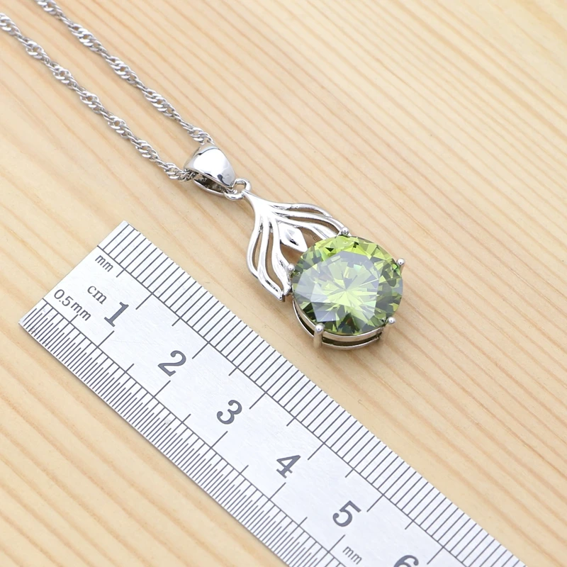 925 Silver Jewelry Set for Women Round Olive Green Cubic Zirconia Earrings Pendant Necklace Ring Bracelet Anniversary Gift