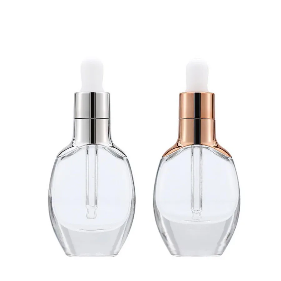 2pcs 30ml Women Fancy Clear Glass Drop Bottle For Essential Oil Perfume Bottles Gold/Sliver Cap with Dropper Refillable