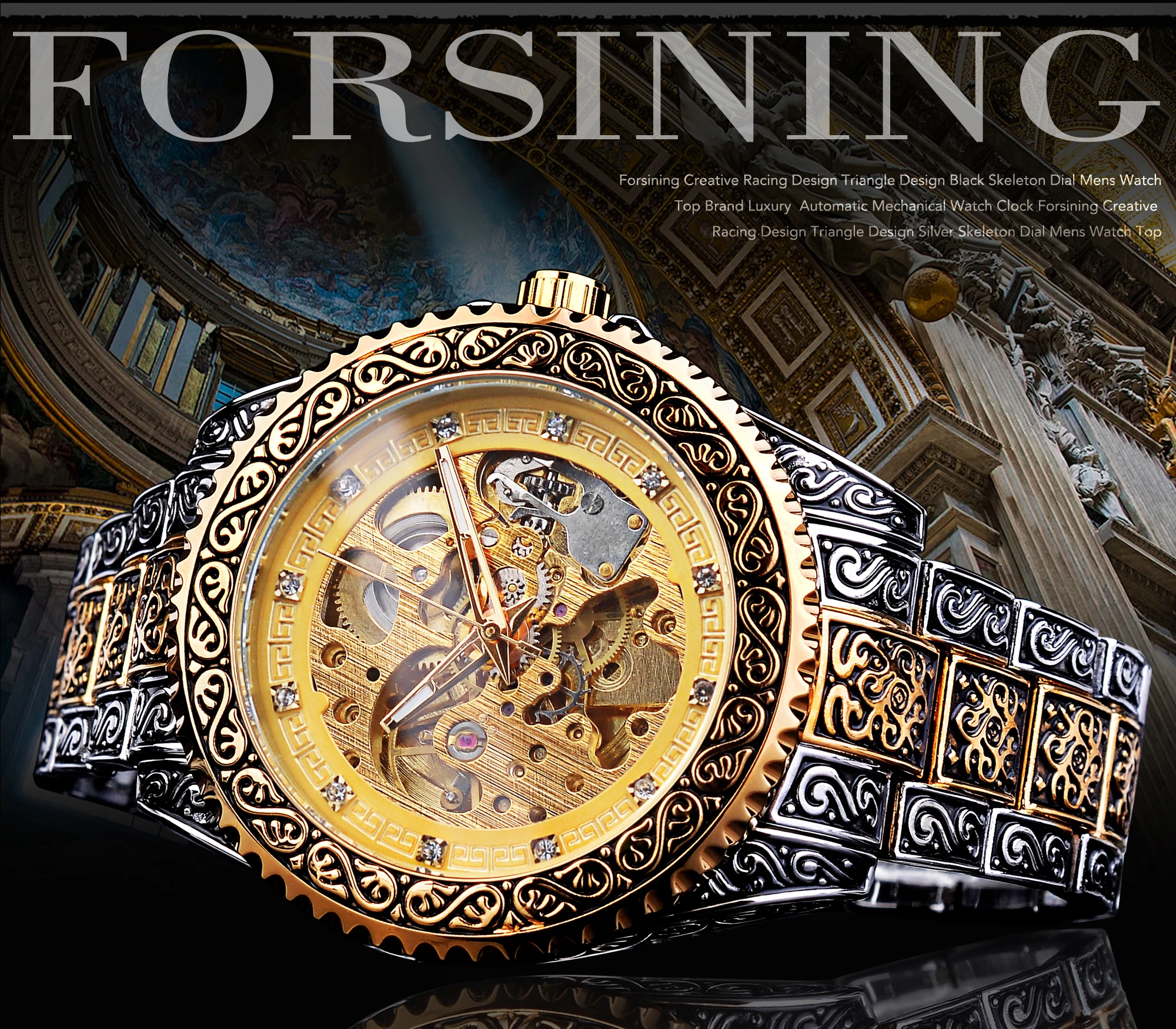 Forsining-Relógio de pulso mecânico automático masculino de luxo, aço inoxidável impermeável, relógio Diamond Golden, relógio Vintage