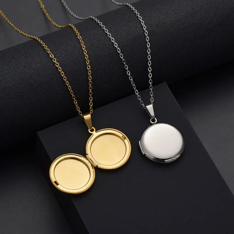 Custom Photo & Text Stainless Steel Locket Necklace Pendant 25mm Round Photo Locket Jewelry Gifts for Women Men 3 Colors