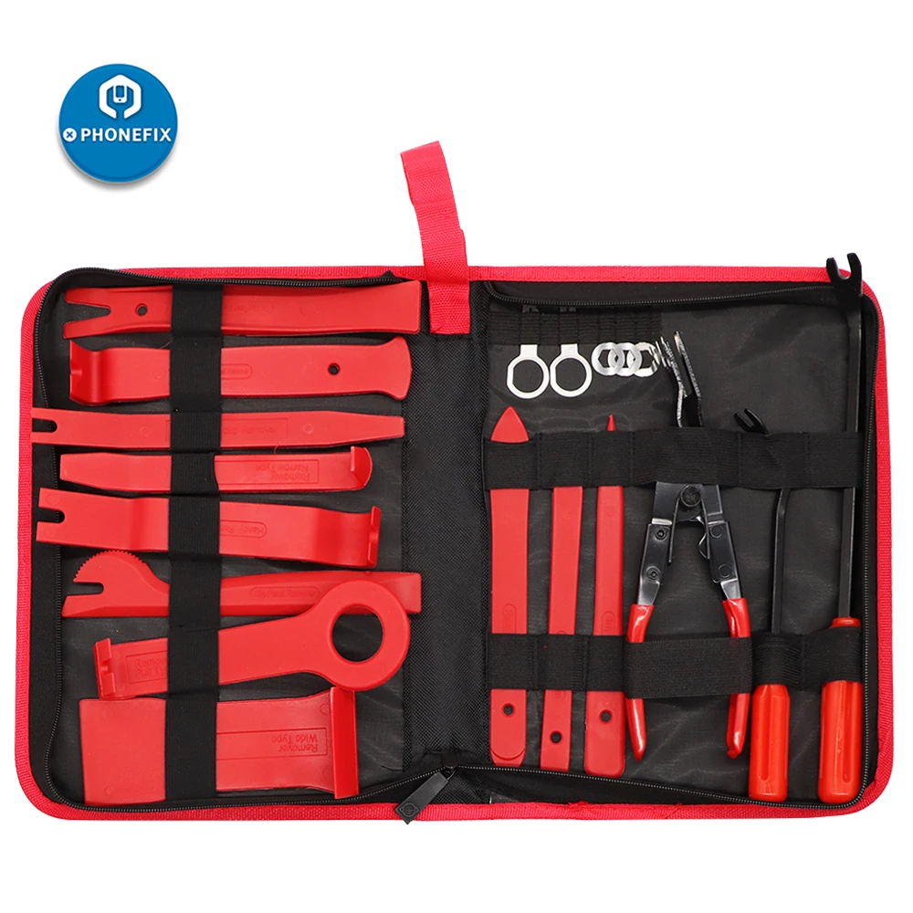Juego de herramientas de mano para desmontaje de coche, Kit de herramientas de palanca de extracción de Panel de embellecedor de plástico Interior, sujetador con bolsa de almacenamiento, 19 Uds.