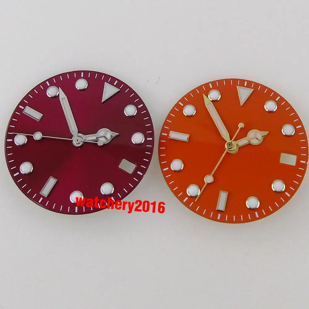 28.5mm Orange/Red Watch Dial+Watch Hands Sterile Watch Face Fit For NH35/NH35A Automatic Movement Date Window Luminous