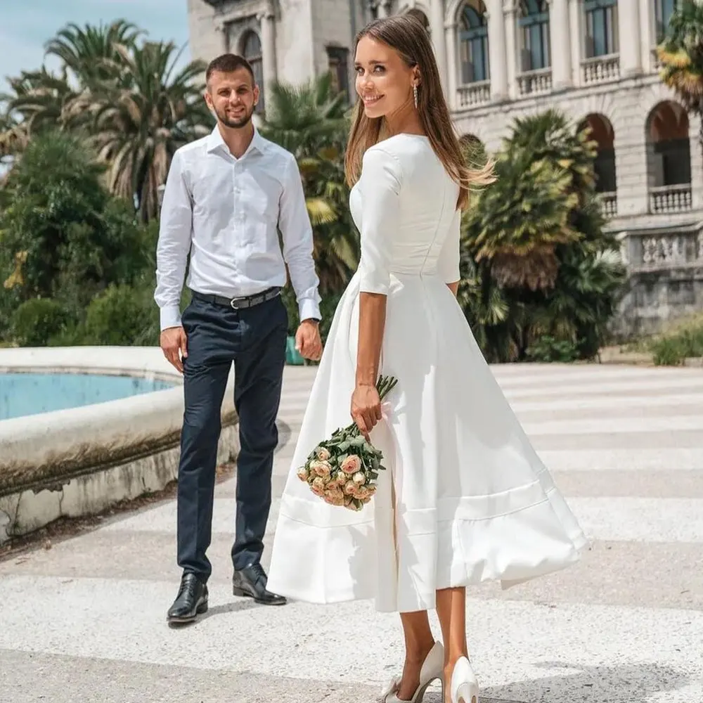 Vestido De novia corto De gasa con cuello en V, sencillo, hecho a medida, De manga larga, barato, 2021