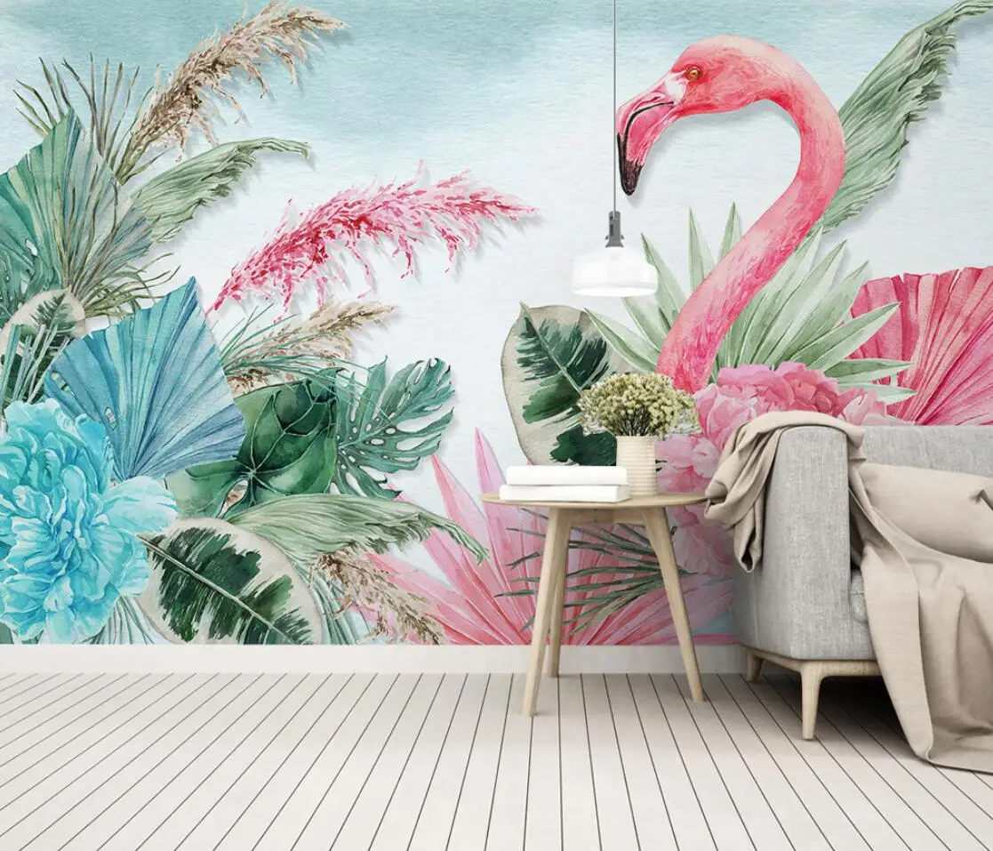 

Custom 3D Cartoon Pink flamingo plant leaves Photo Wall Murals Wallpaper For Kids Room Bedroom Living Room Decor wallpaper