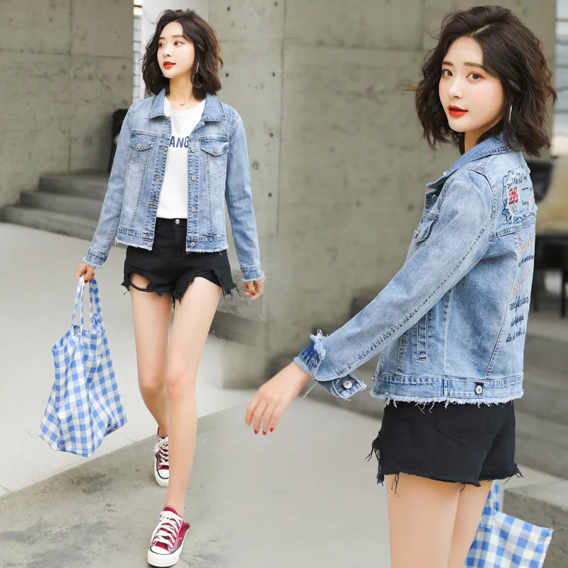 Short Denim Women Jacket Autumn Spring New Fashion Denim Coat Embroidered letters Patchwork Slim Button Jeans Jacket Lady A161