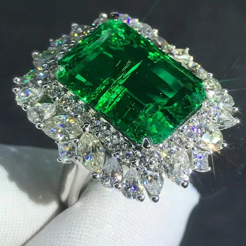 WUIHA Luxury Solid 9K White Gold 3EX 8.02CT VVS Emerald Created Moissanite Diamond Wedding Engagement Ring Fine Jewelry With GRC