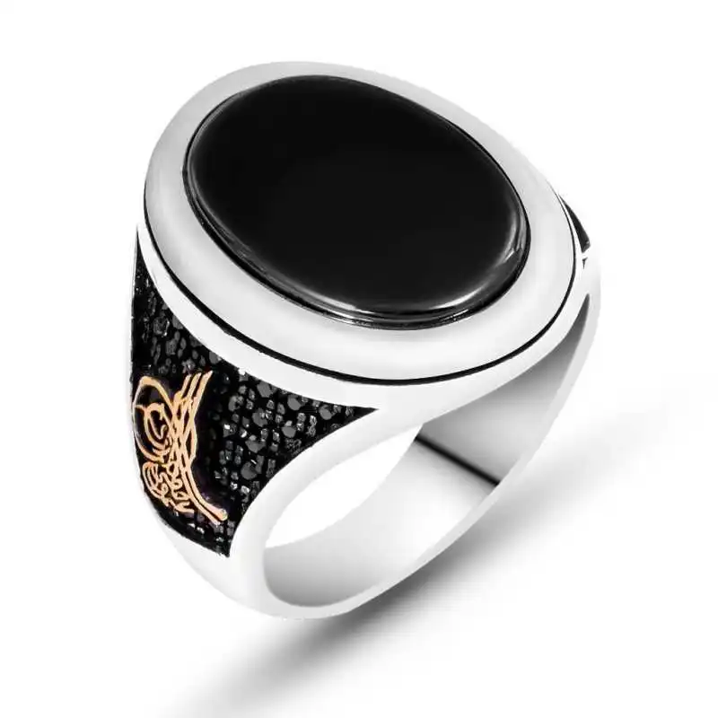 Silver Black Stone Tugra Men's Ring - 925 Sterling Men's Jewelry Wedding Birthday Gift - Box - Men - Fashion - Botiva - Size - Turkish - Patterned Embroidery