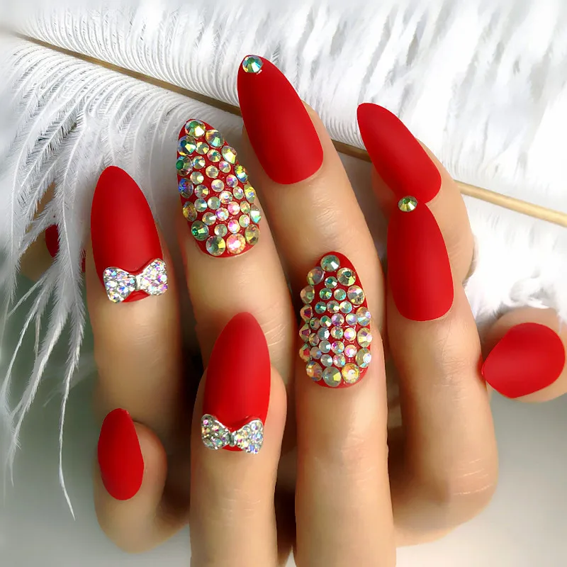 Wholesale Red Matte Frosted False Nails Stiletto Press On Nails Custom Glossy Rhinestone Fake Nails AB Crystals Kit 24