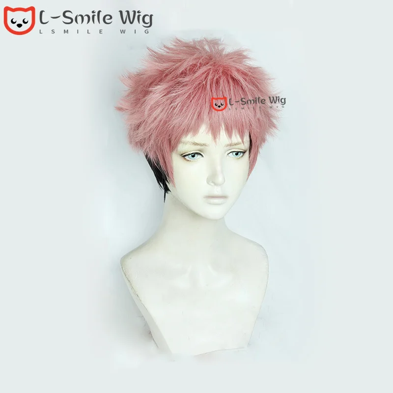 Anime Yuji Itadori Cosplay Wig Pink Gradient Black Short Cosplay Yuji Itadori Wigs Heat Resistant Halloween Wigs + Free Wig Cap