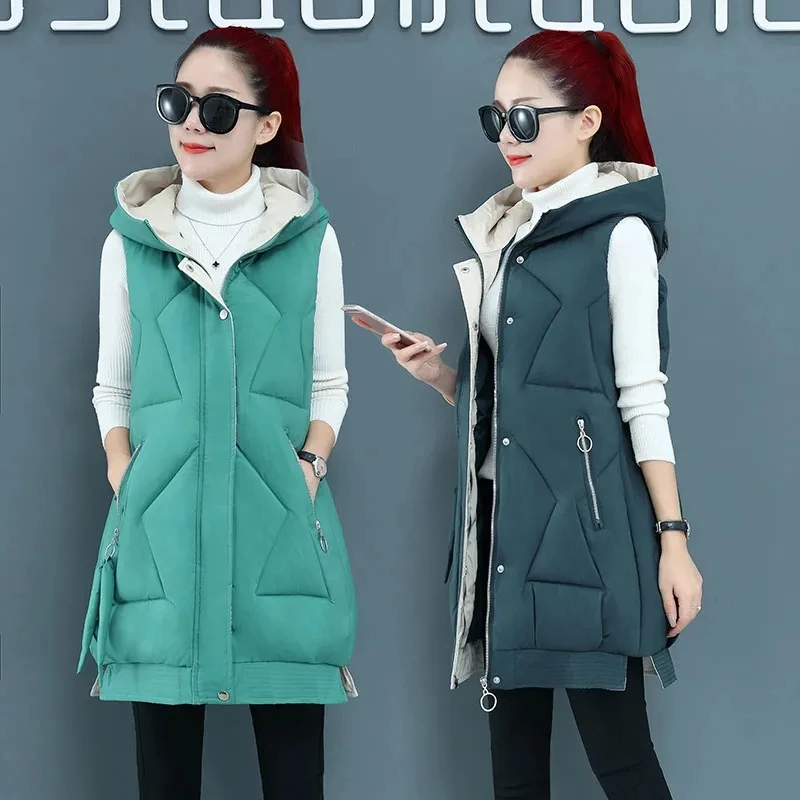 

2021 New Winter Jacket Women Vest Sleeveless Waistcoat Female Long Coat Jacket Hooded Cotton Padded Warm Vest Lady Outwear