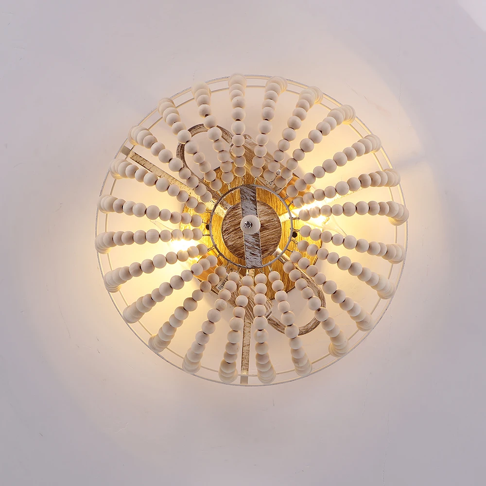 Retro White Ceiling Light for Bedroom Entrance Loft Homestay Indoor Lighting Vintage 2 Lights Wooden Bead Chandelier image 6