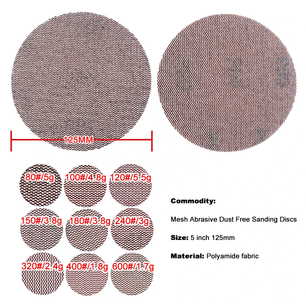 먼지 없는 샌딩 디스크, 메시 천 연마 디스크, 5 인치 125mm, 블로킹 방지 건식 연삭 사포, 80-600 그릿, 15 개