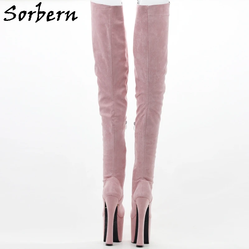 Sorbern Pear Pink Ladies Boots Block Heels 8 Inch Chunky Heel Long Mid Thigh High Boot Comfortable Walk Shoes Custom Wide Fit