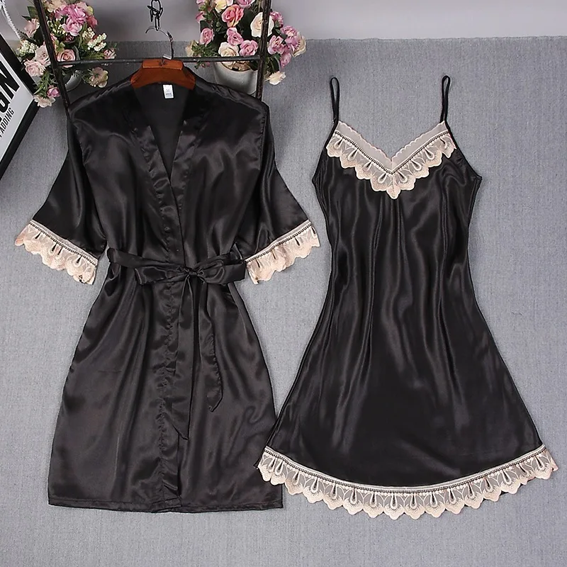 Fashion Women Burgundy Faux Silk Robe Hot Summer Sexy Lace Nightgowns Women Sleepwear Dress Woman Pajamas Set Bathrobe