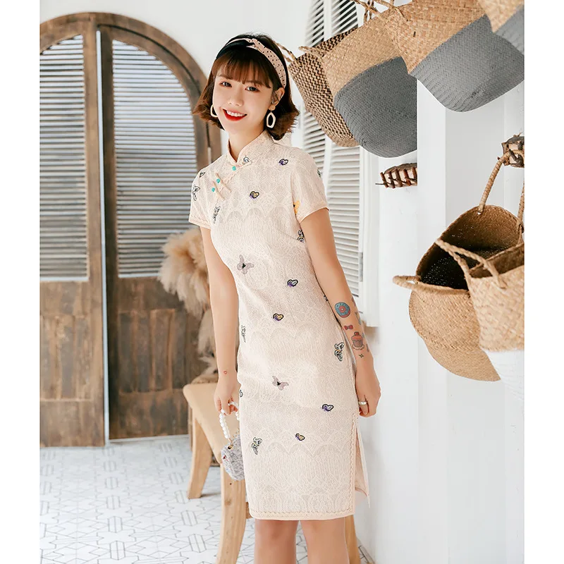 2023 Lace Cheongsam Slim Young Girl Fashion Student Catwalk Dresses Improved Mid-Length Cheongsam Dress Modern Qipao Dress
