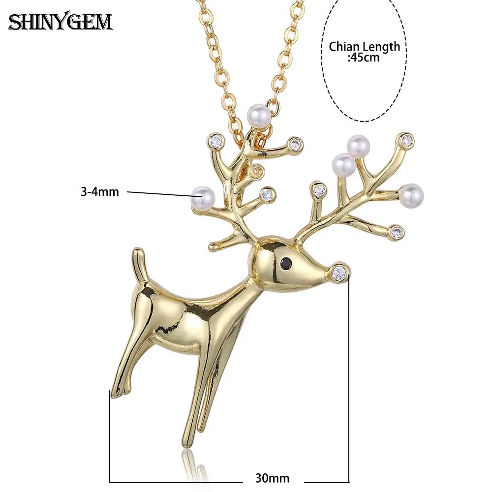 Fashion Antlers Shape Inlay Pearl Crystal Pendant Gold Plating Lovely Delicate 3D Small Animal Deer Necklace For Women Girl Gift