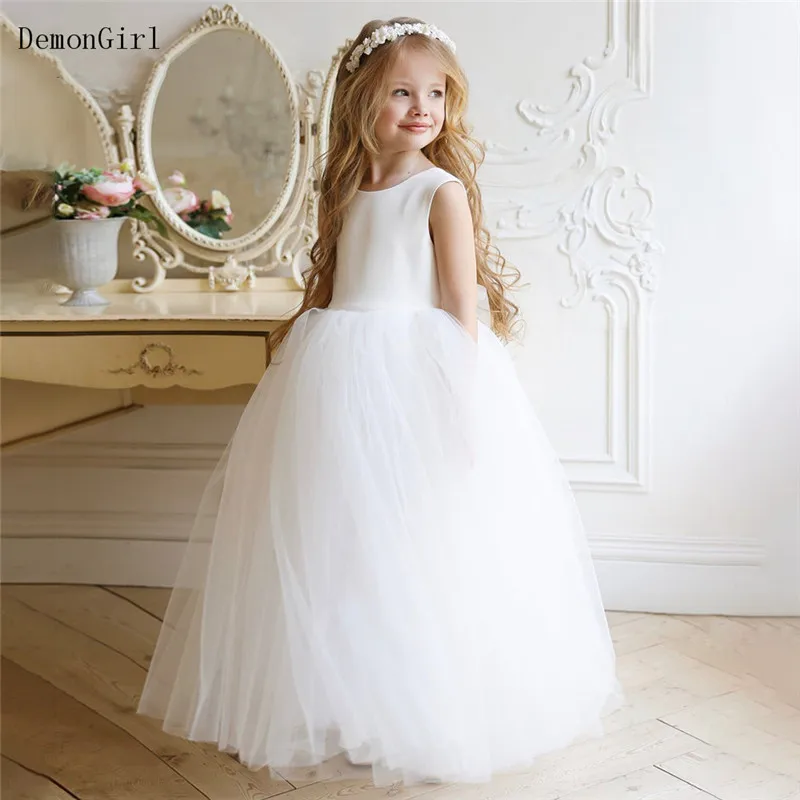 Ball Gown Flower Girl Dress Puffy Tulle Baby Girls Party Dresses Sleeveless Back Bow First Communion Dress