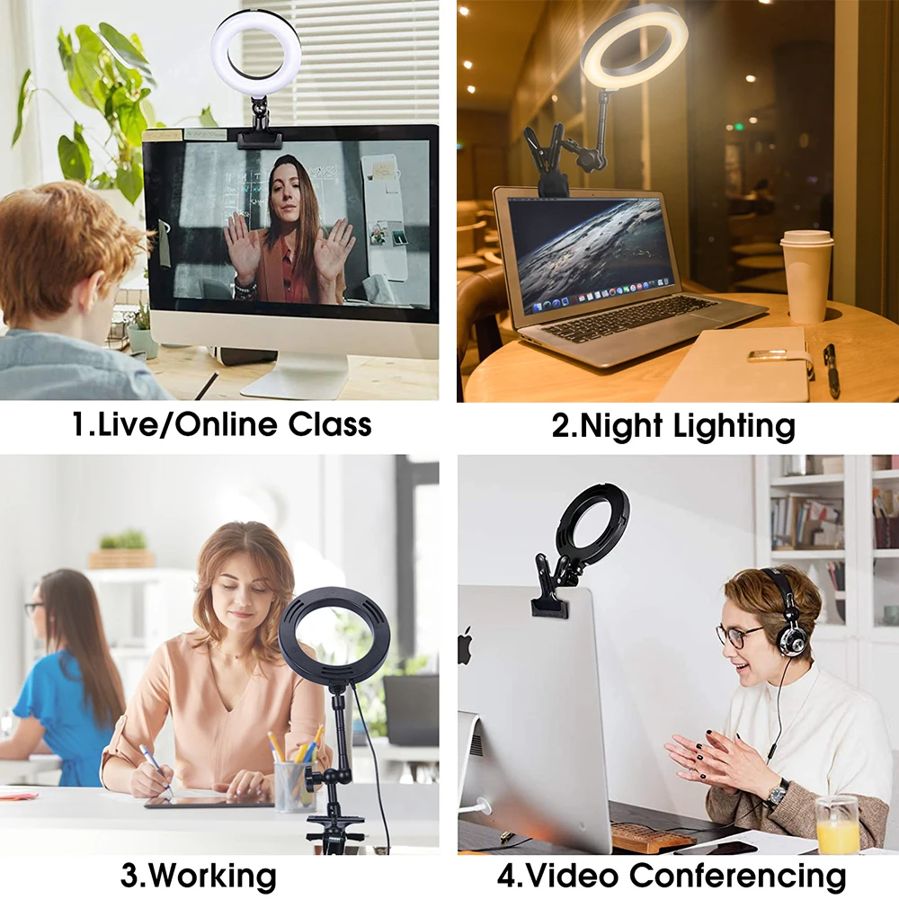 Selfie Ring Light สำหรับแล็ปท็อปคอมพิวเตอร์เดสก์ท็อป Youtube แหวนโคมไฟ Video Conference แสงชุดขาตั้งผู้ถือโทรศัพท์คลิปบน