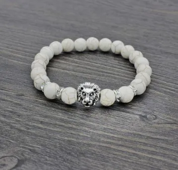 8mm xr34 silver gold copper lion Reiki Chakra Bracelet elastic white Howlite turquoise Buddha Yoga Charm stone bead Bangles