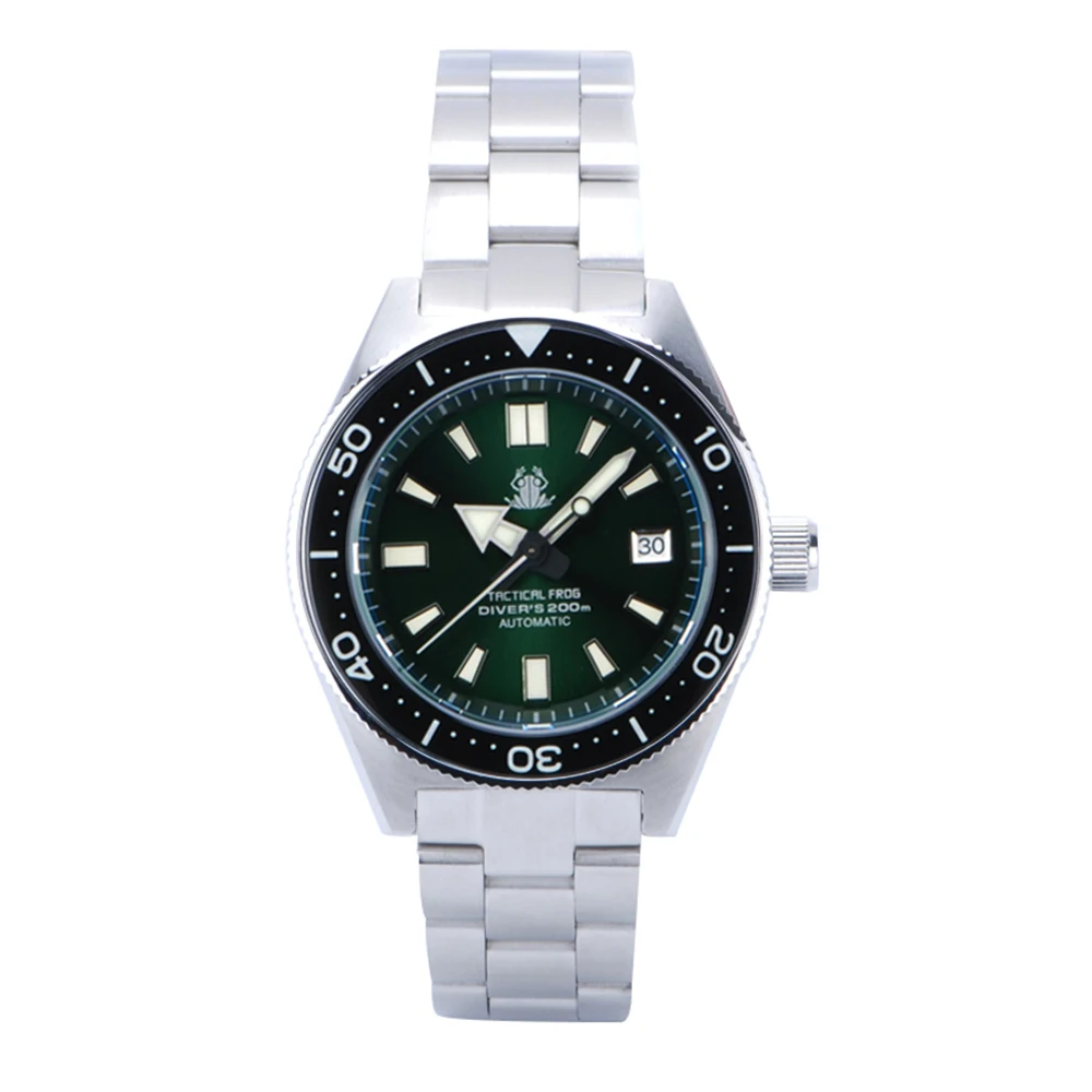 Tactical Frog Mens Diver Watches Automatic Wristwatch 20Bar Water Resistant C3 Luminous Sapphire Ceramic Bezel NH35 Steel Strap